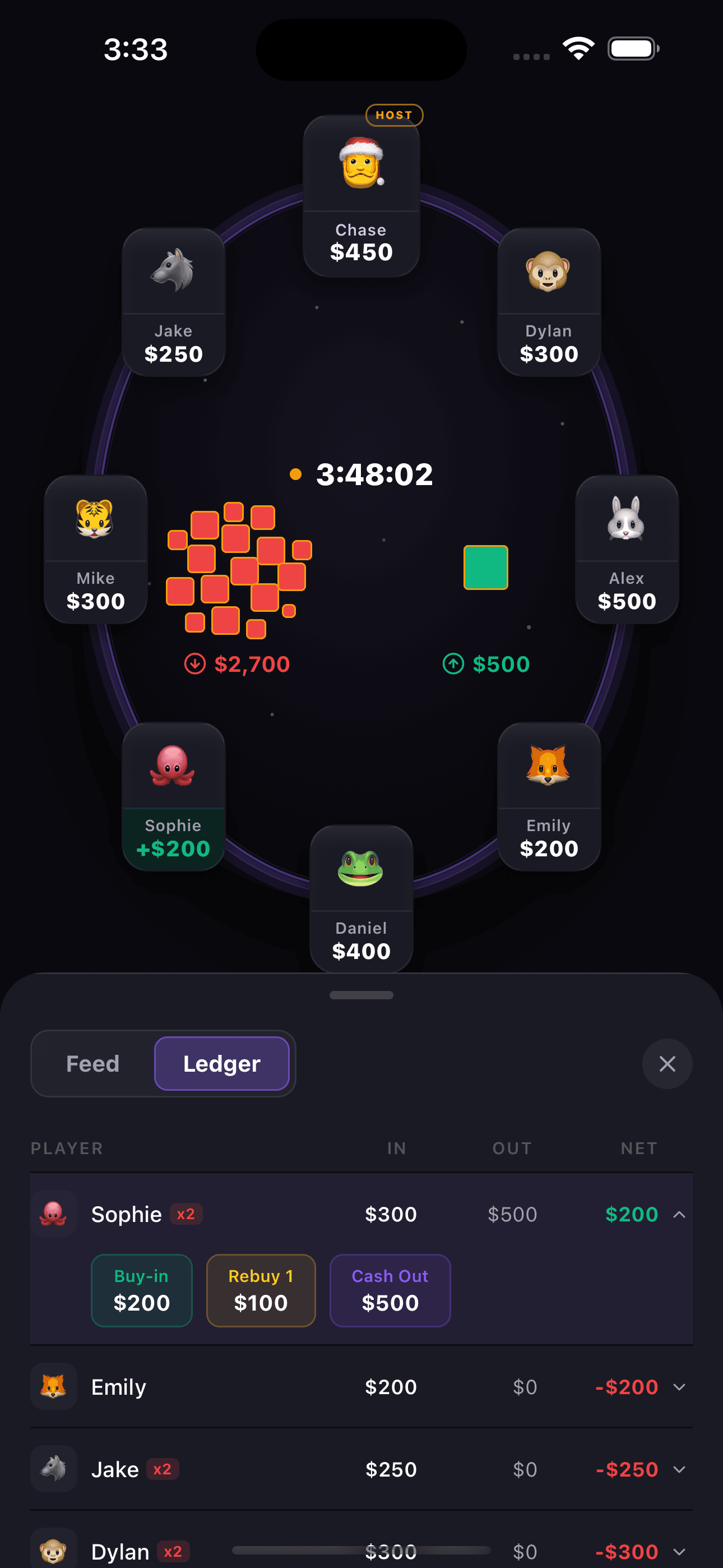 Live multiplayer poker game tracker with buy-ins and cash-outs